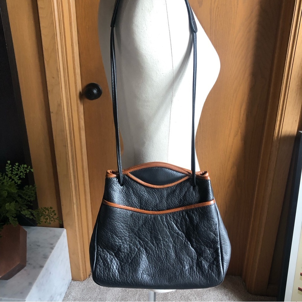 Jo Ann Page handmade black leather bag brown accent shoulder bag 10x8x5
